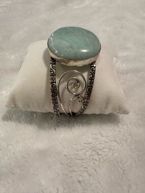 Silver Cuff Bracelet with Light Aqua Stone